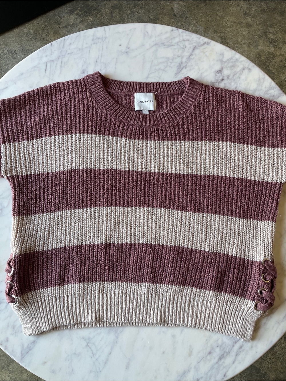 PINK ROSE Dusty Rose and Cream Striped Knit Crewneck Sweater Vest